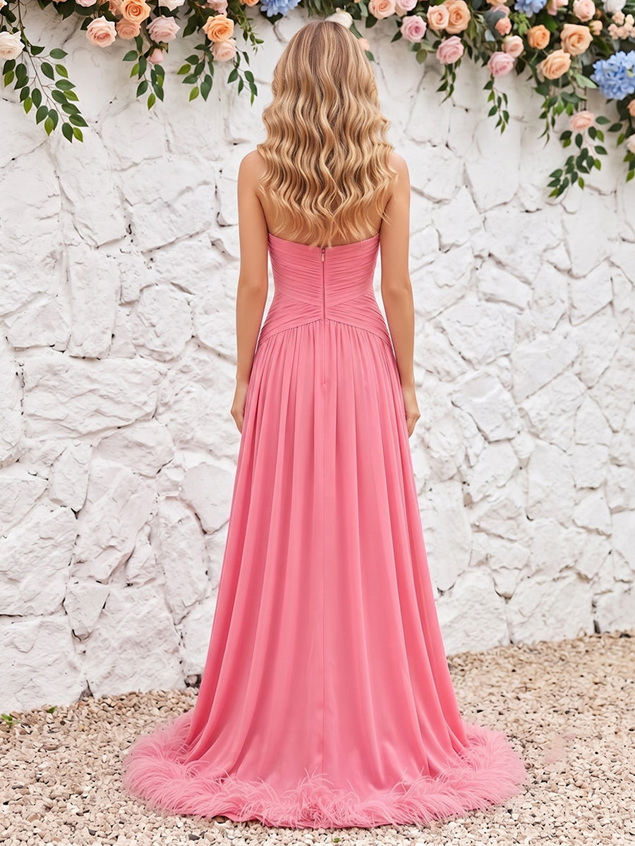 Chiffon A Line Strapless with Feather Side Slit Formal Dresses