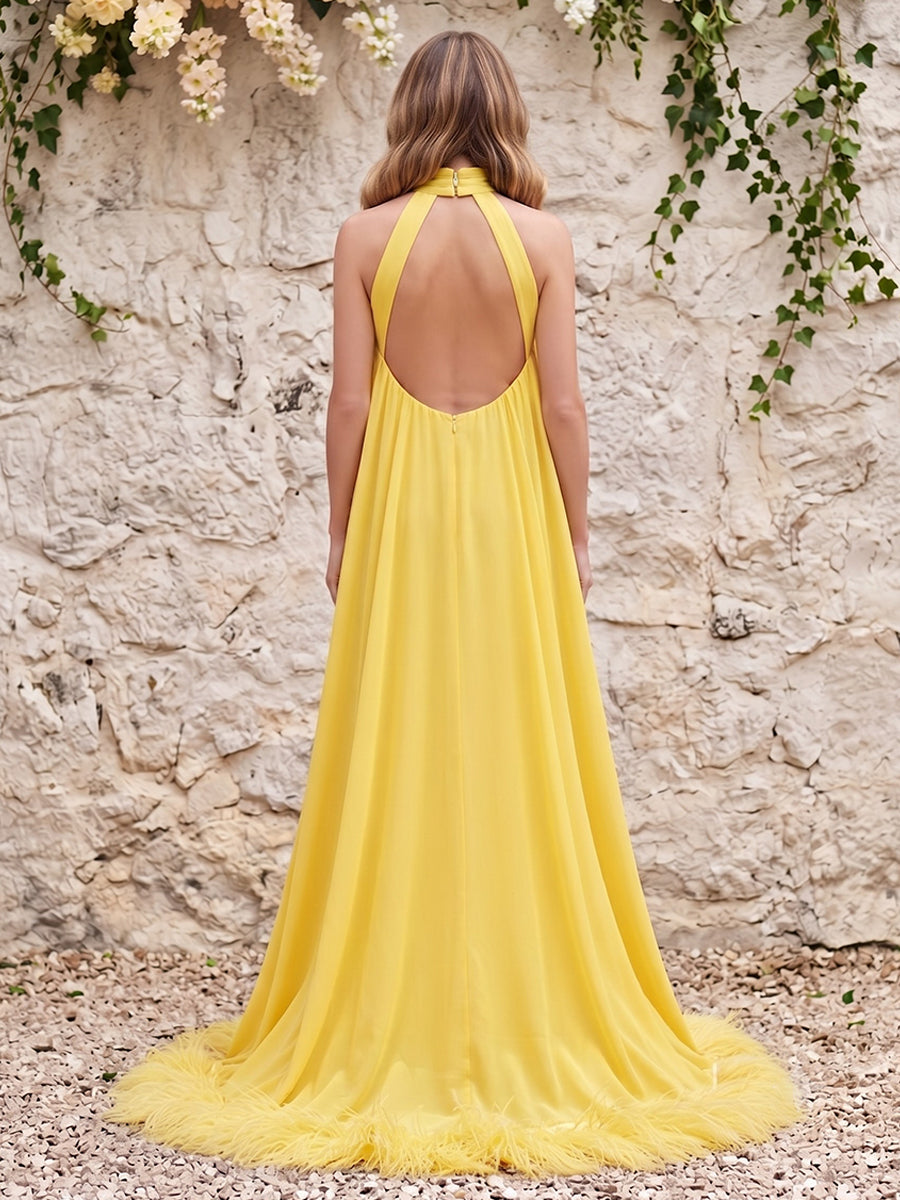 Chiffon A Line Halter with Feather with Train Formal Dresses