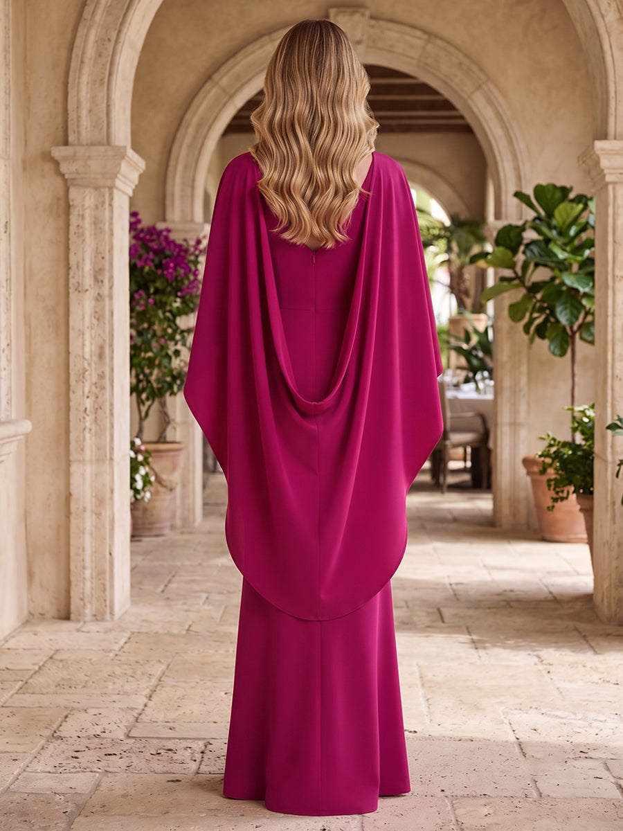 Satin Mermaid Jewel Neck with Cape High Waist Formal Dresses