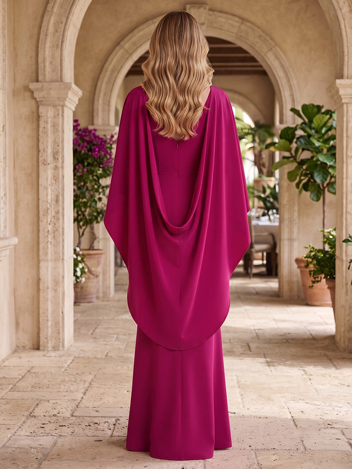 Satin Mermaid Jewel Neck with Cape High Waist Formal Dresses
