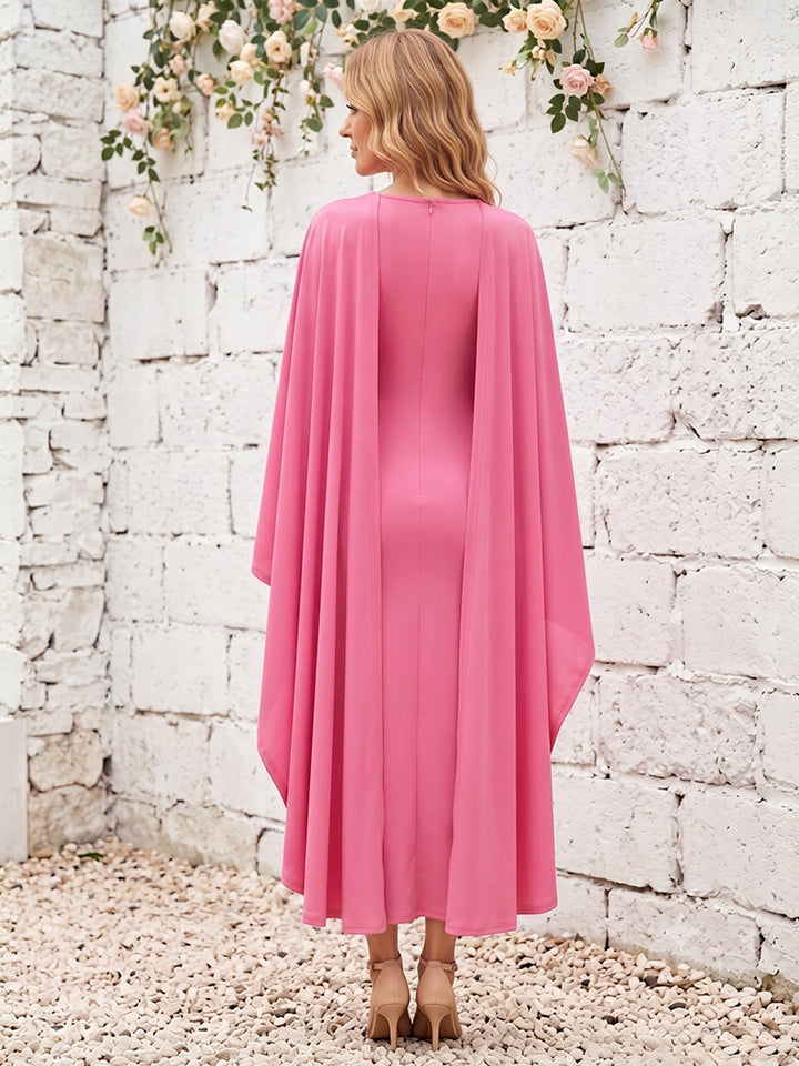 Satin Bodycon Jewel Neck Cape Formal Dresses