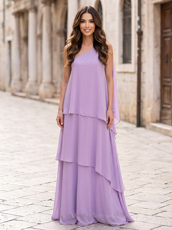 Chiffon A Line One Shoulder Layered Tiered Formal Dresses