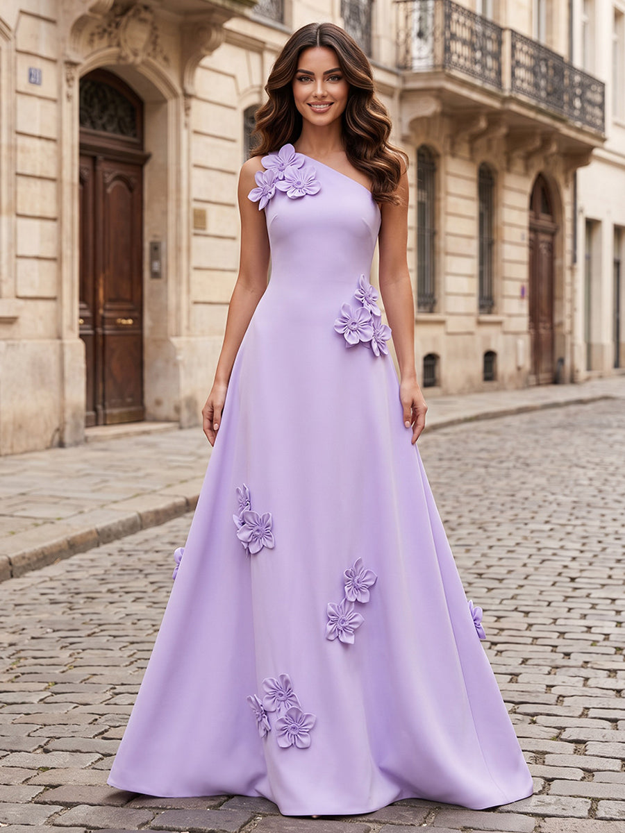 Satin A Line One Shoulder with 3D Flowers Formal Dresses
