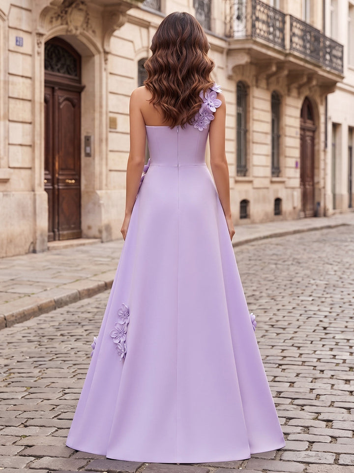 Satin A Line One Shoulder with 3D Flowers Formal Dresses