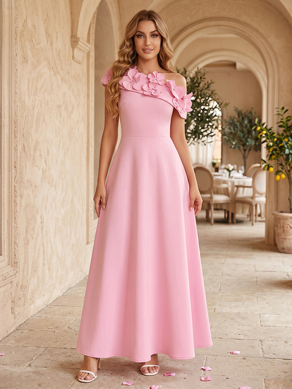Satin A Line One Shoulder High Waist Formal Dresses