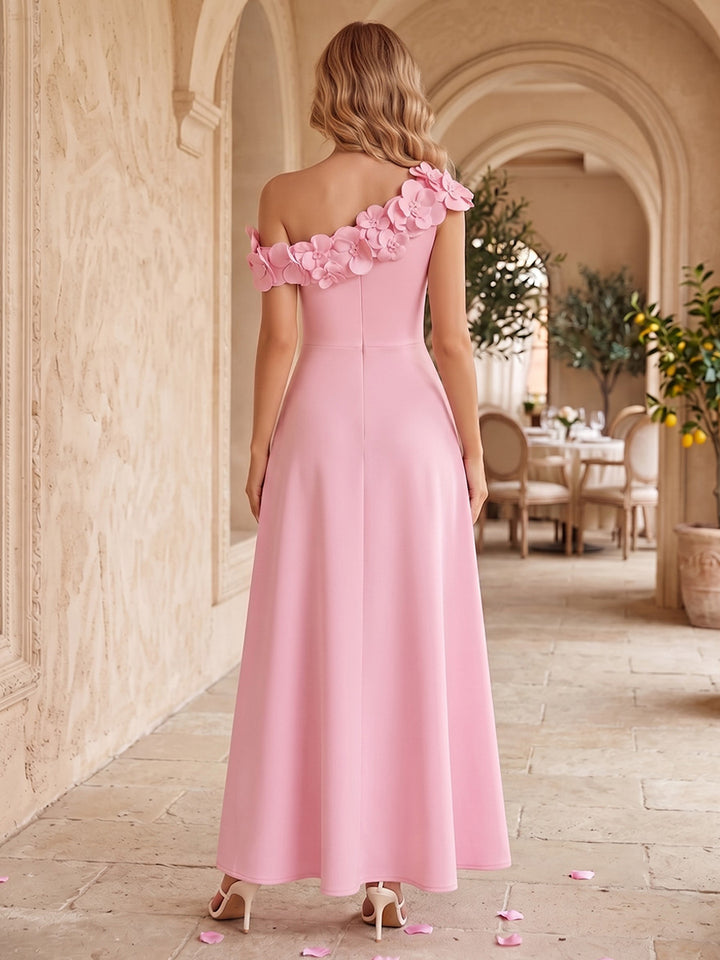 Satin A Line One Shoulder High Waist Formal Dresses