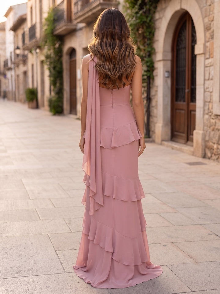 Satin A Line Strapless Ruffles Scarf Formal Dresses