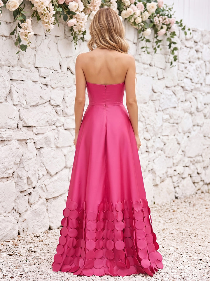Satin A Line Strapless Ruched Bodice High Waist Formal Dresses