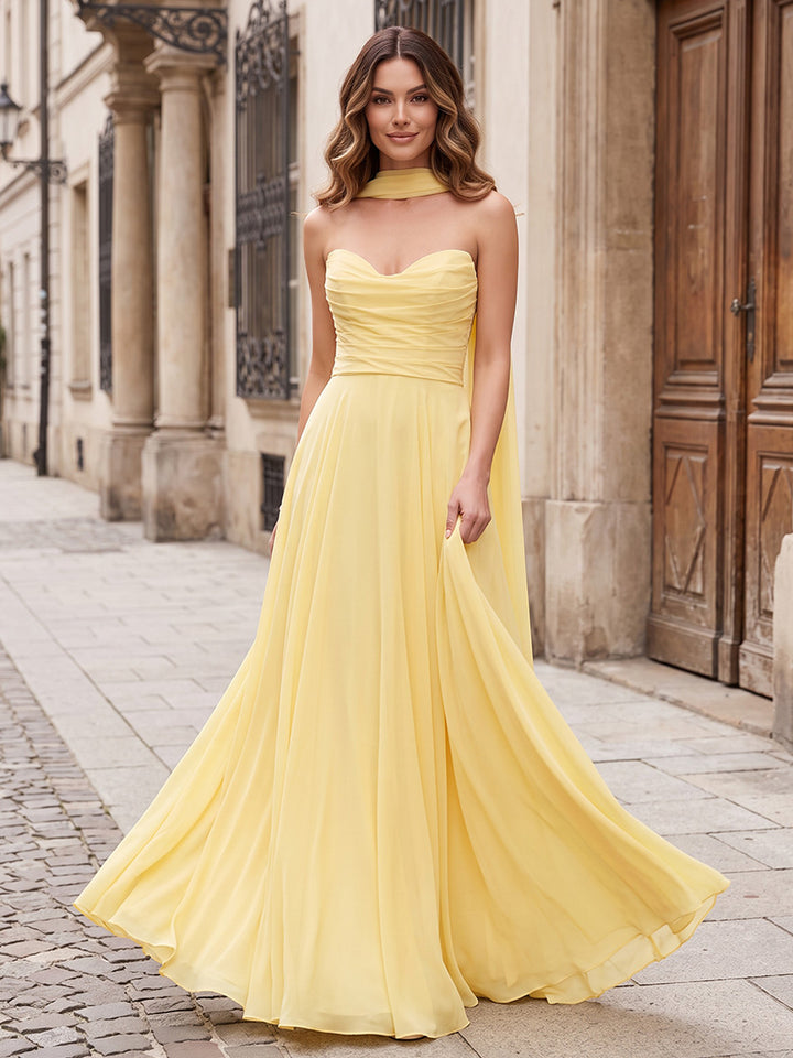 Chiffon A Line Sweetheart Corset Waist Scarf Formal Dresses