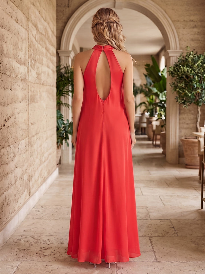Chiffon A Line Halter Pleats Formal Dresses