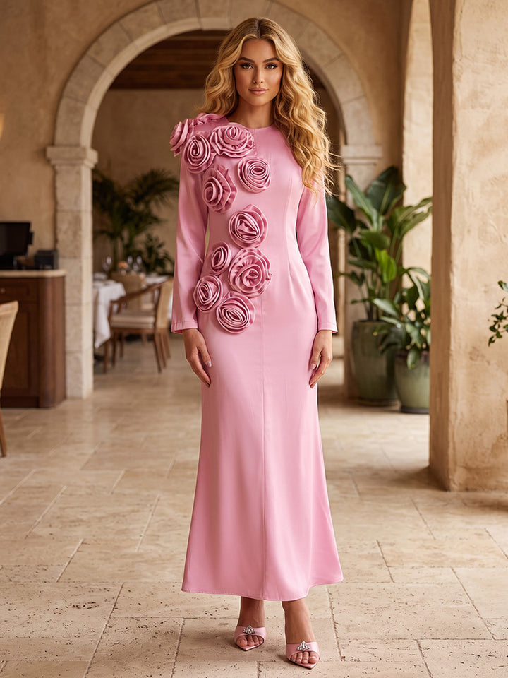 Satin A Line Round Neck with 3D Flowers Formal Dresses
