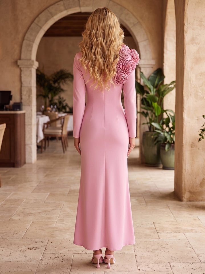 Satin A Line Round Neck with 3D Flowers Formal Dresses