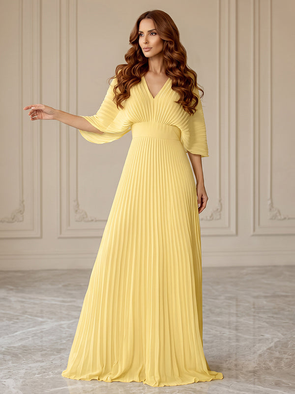 Chiffon A Line V Neck Pleats Backless Formal Dresses