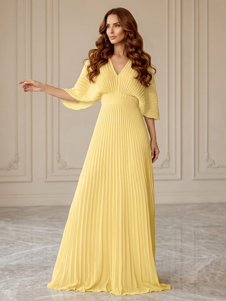 Chiffon A Line V Neck Pleats Backless Formal Dresses