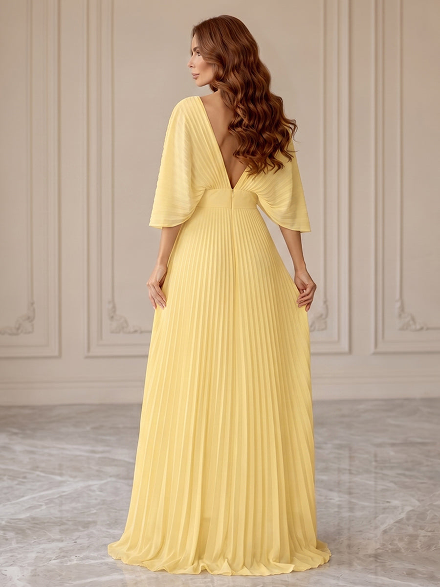 Chiffon A Line V Neck Pleats Backless Formal Dresses