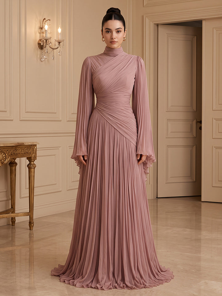 Chiffon A Line High Neck Pleats Formal Dresses