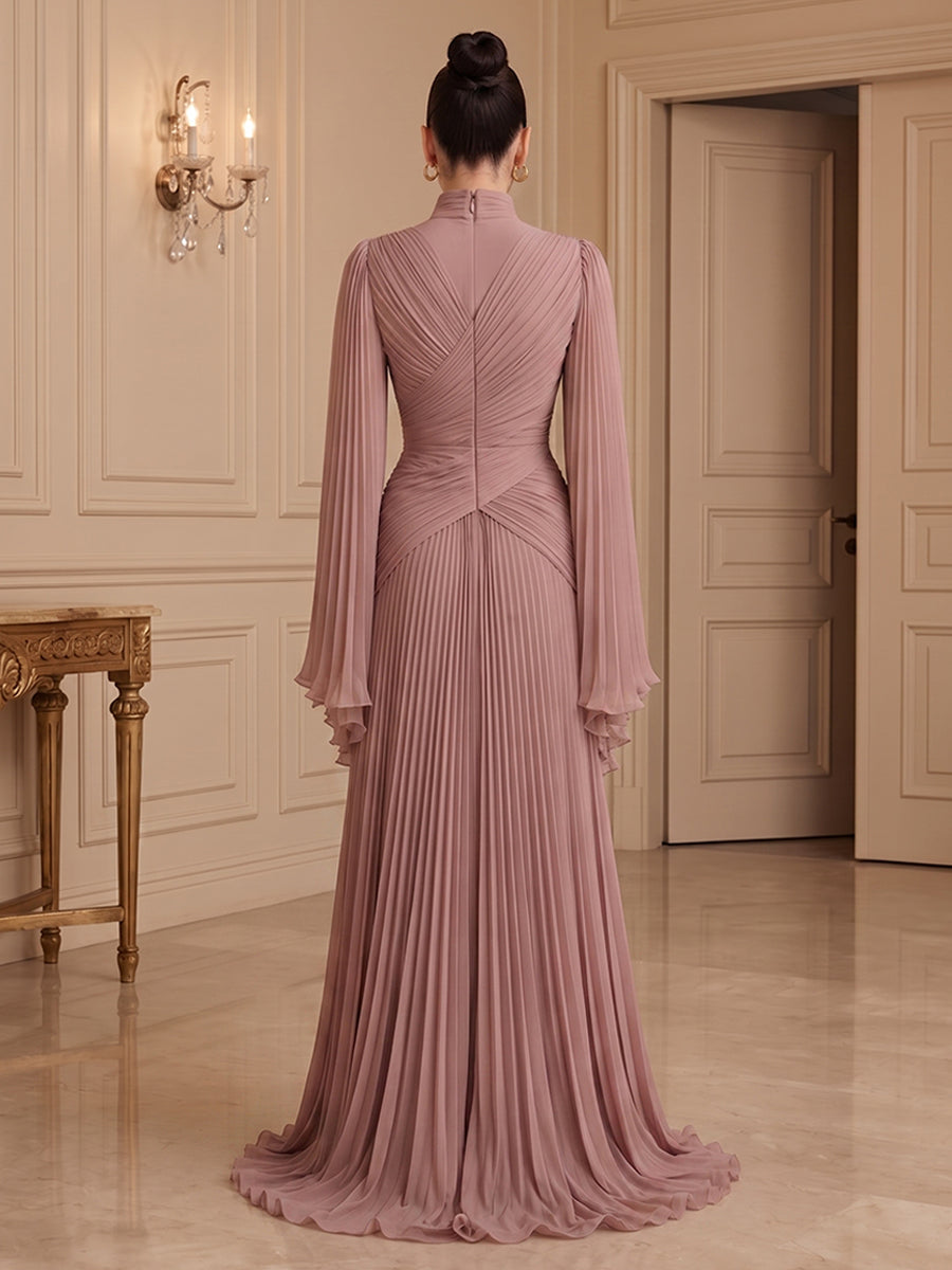 Chiffon A Line High Neck Pleats Formal Dresses