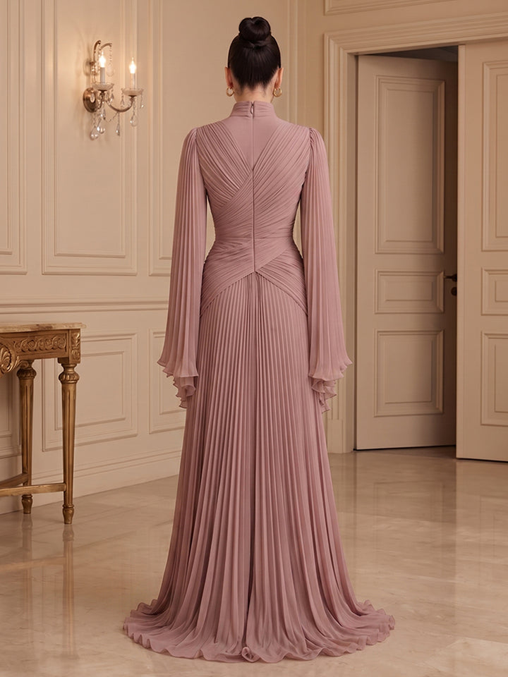 Chiffon A Line High Neck Pleats Formal Dresses