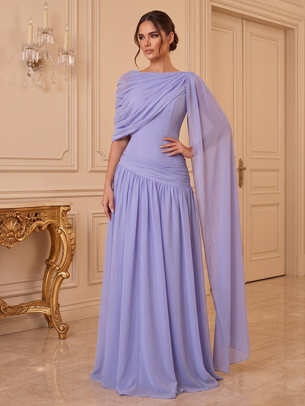 Chiffon A Line Jewel Neck with Cape Formal Dresses