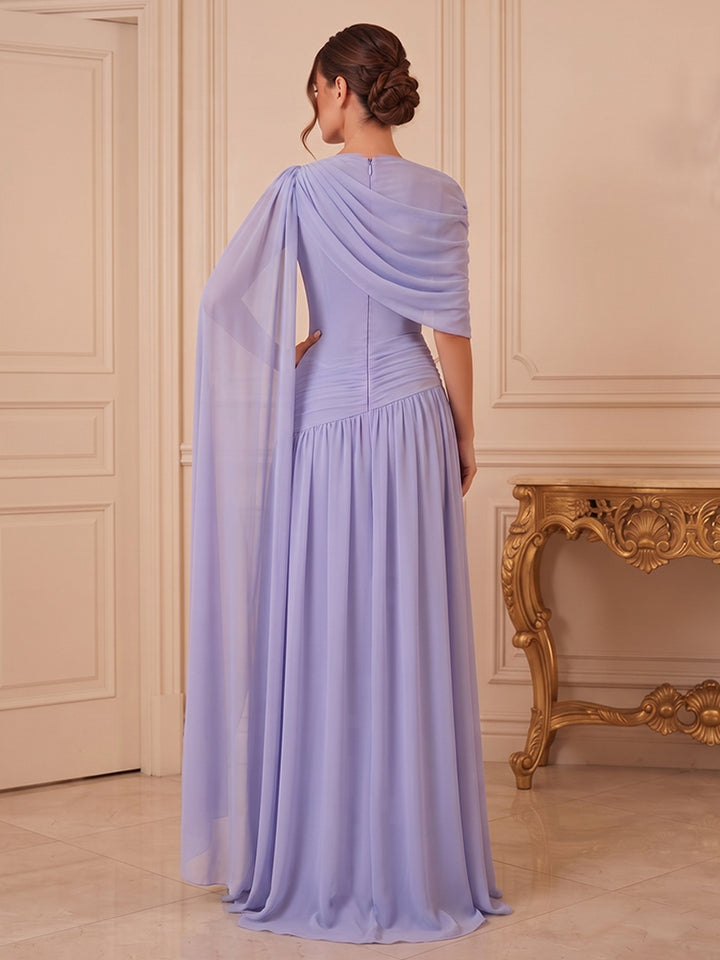 Chiffon A Line Jewel Neck with Cape Formal Dresses