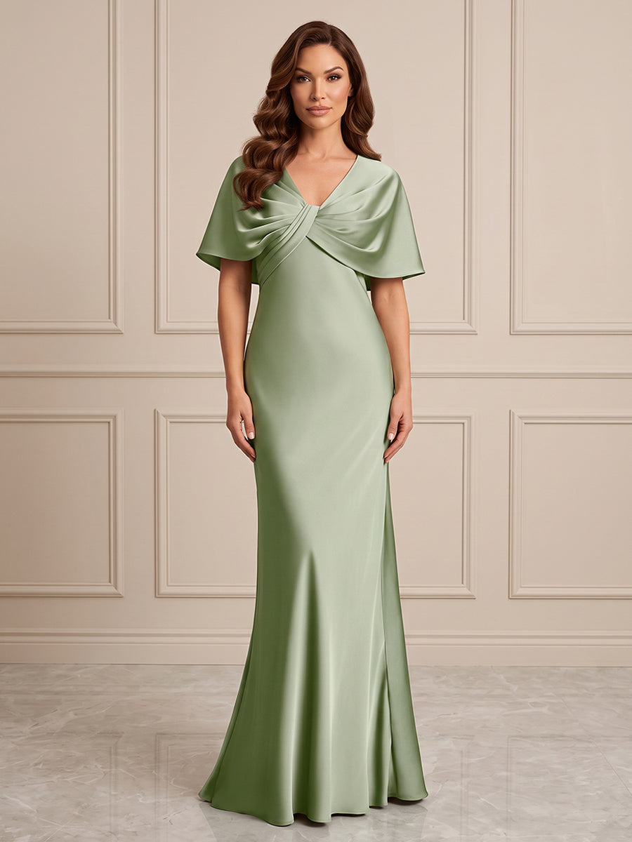 Satin A Line V Neck Ruffles Formal Dresses