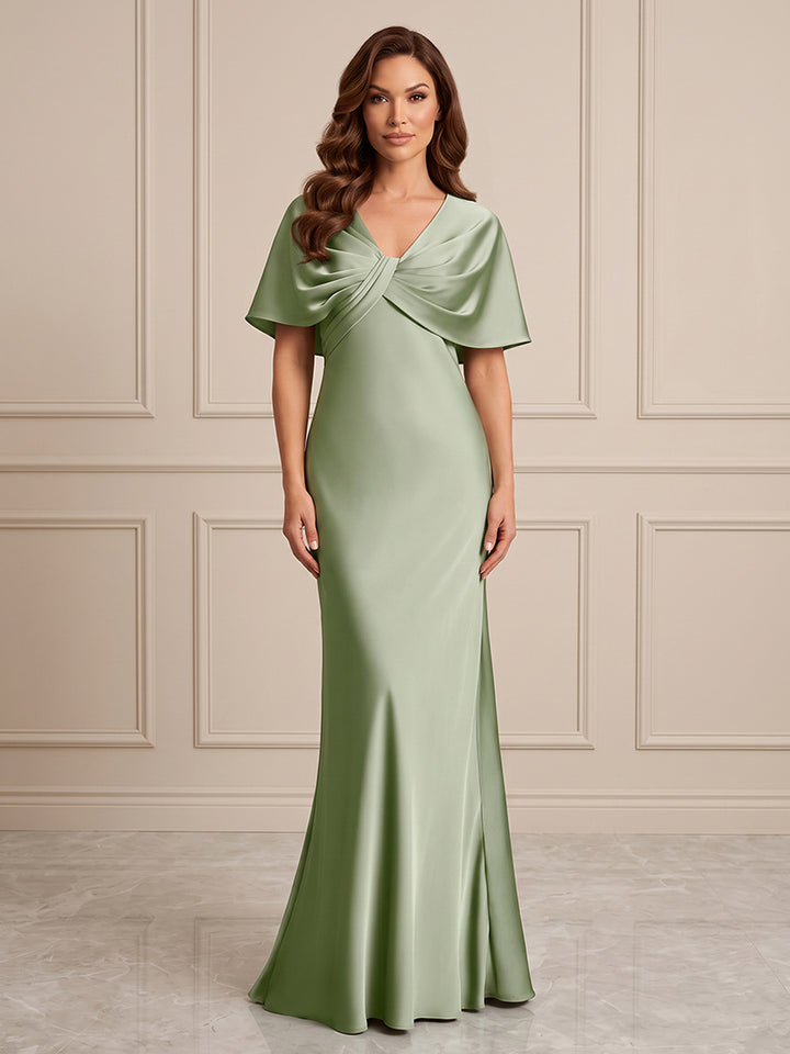 Satin A Line V Neck Ruffles Formal Dresses