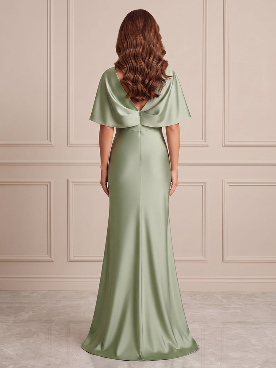Satin A Line V Neck Ruffles Formal Dresses
