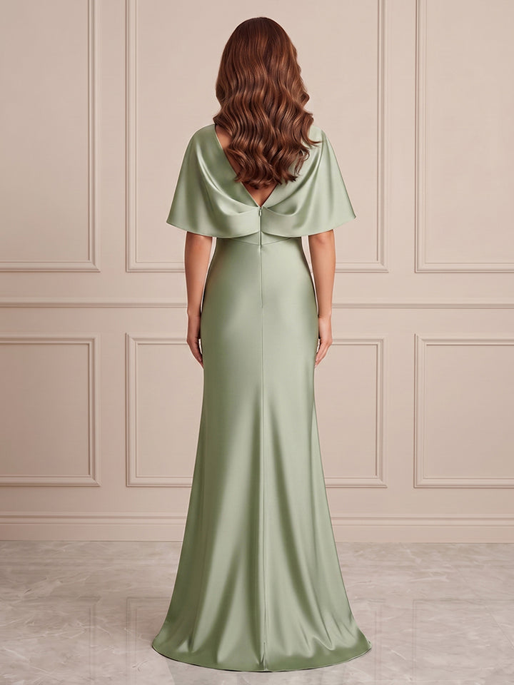 Satin A Line V Neck Ruffles Formal Dresses
