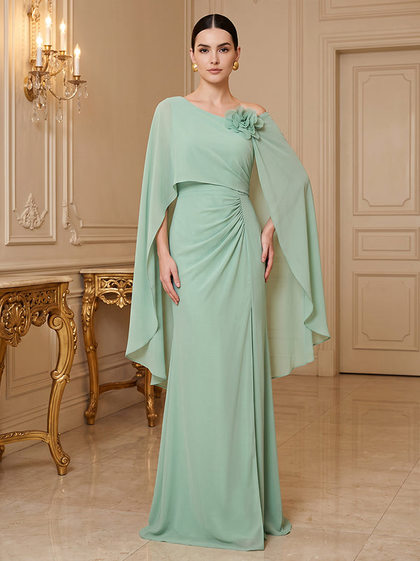 Chiffon A Line One Shoulder with Cape 3D Flower Accent Formal Dresses