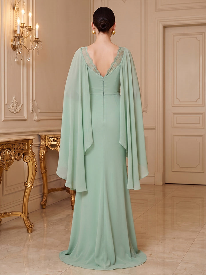 Chiffon A Line One Shoulder with Cape 3D Flower Accent Formal Dresses