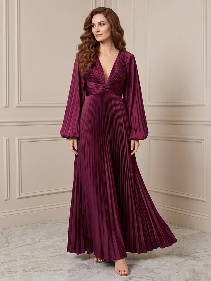 Satin A Line V Neck Pleats Formal Dresses