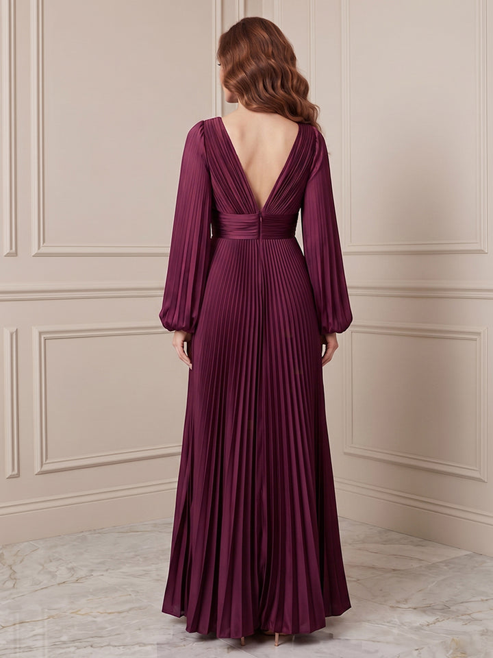 Satin A Line V Neck Pleats Formal Dresses