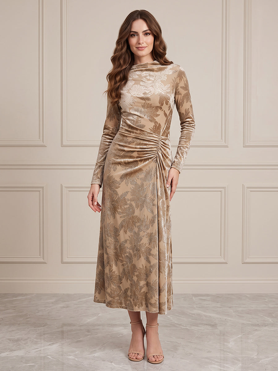 Burnout Velvet A Line Jewel Neck Ruched Waist Formal Dresses