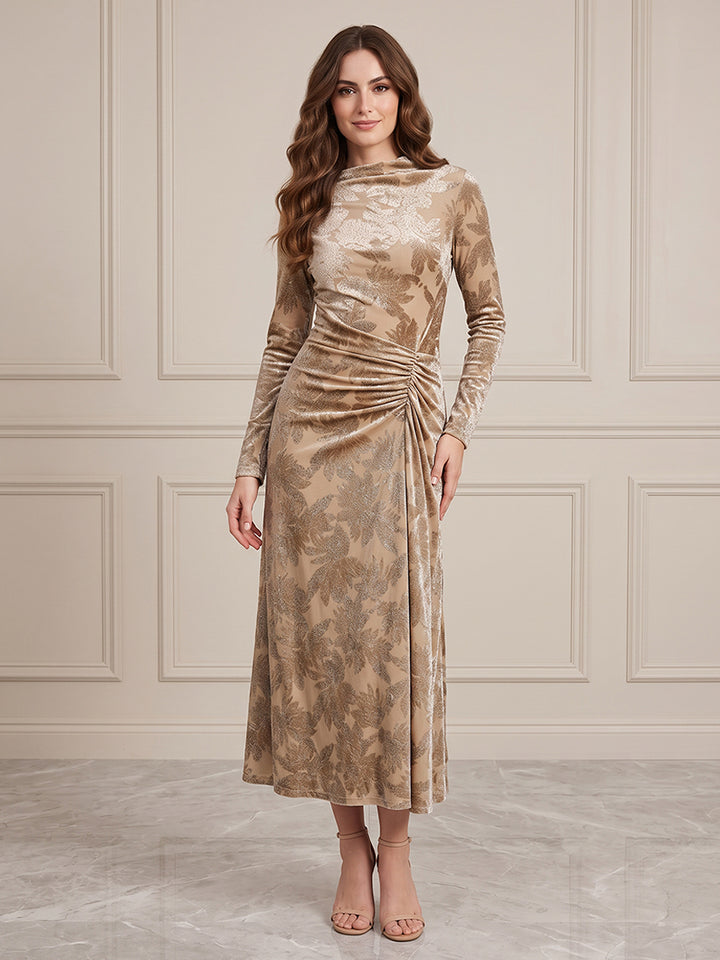 Burnout Velvet A Line Jewel Neck Ruched Waist Formal Dresses