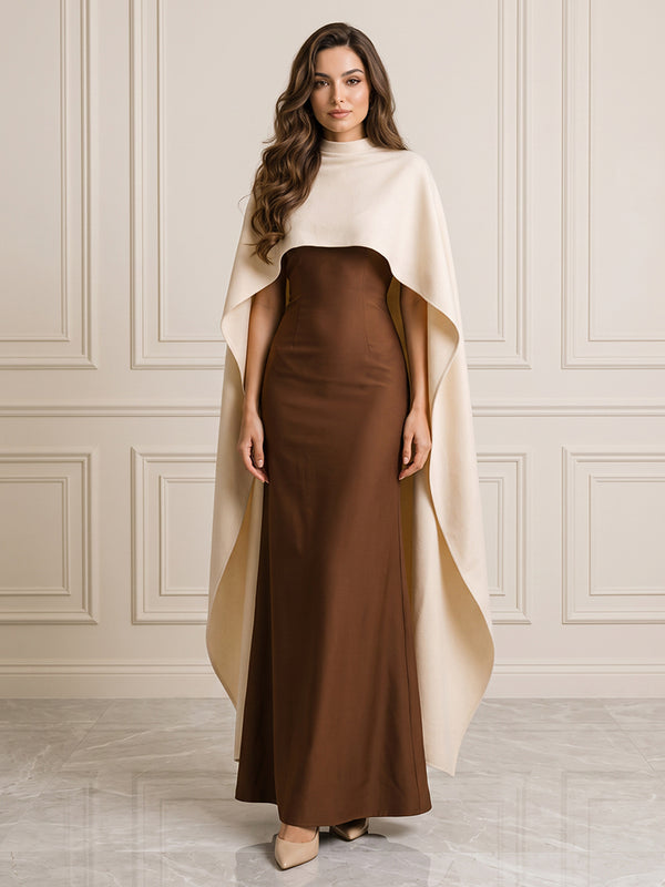 Satin A Line High Neck with Cape Formal Dresses