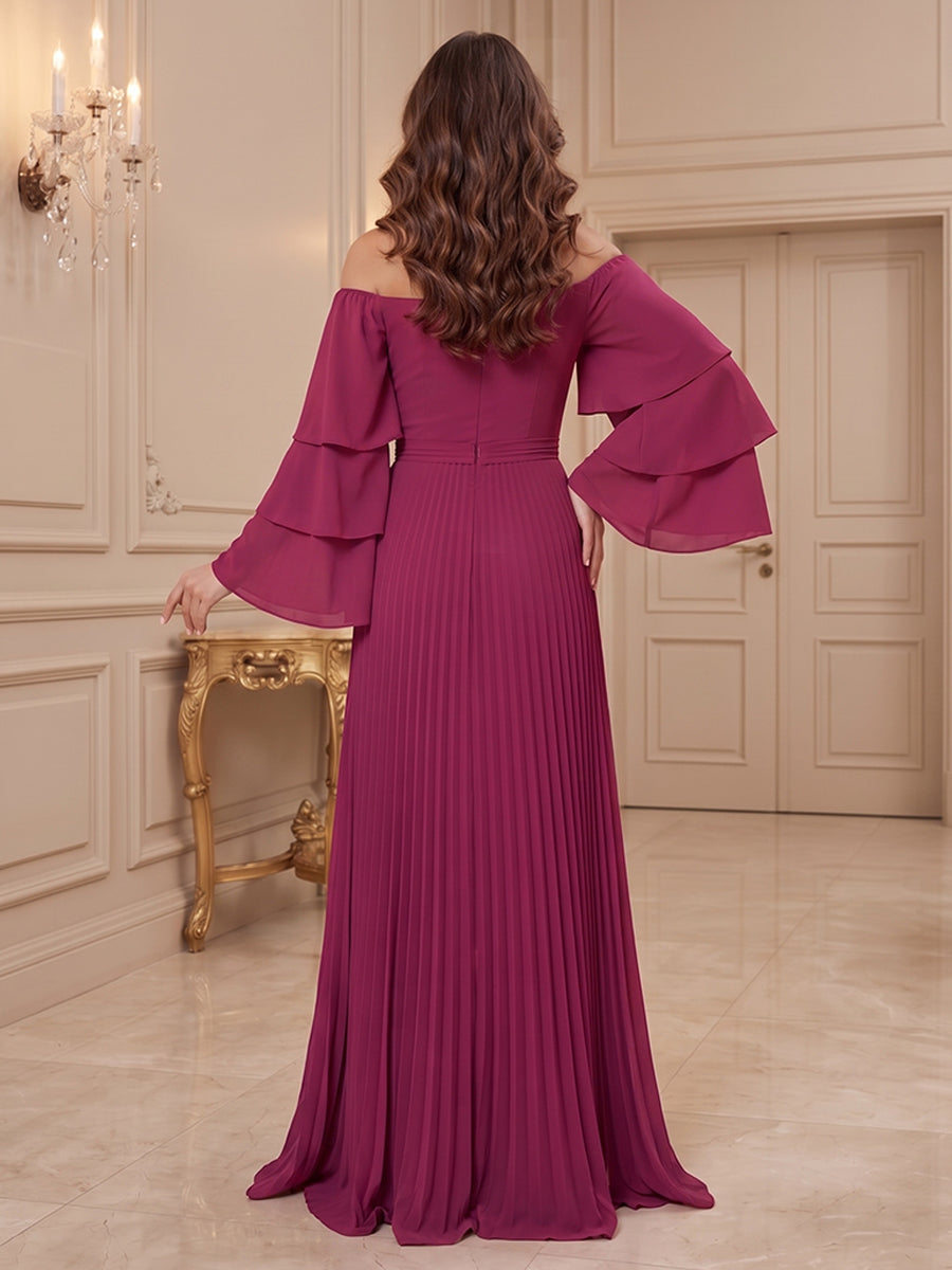 Chiffon A Line Off the Shoulder Ruffles Sleeves Formal Dresses