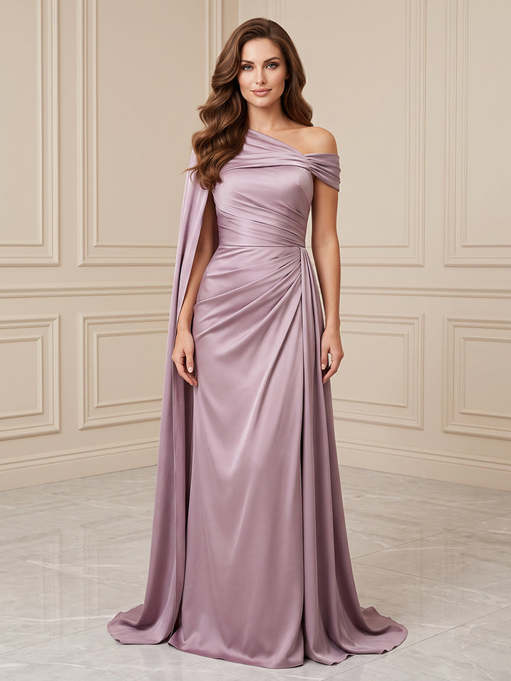 Satin A Line One Shoulder Ruched Waist Formal Dresses