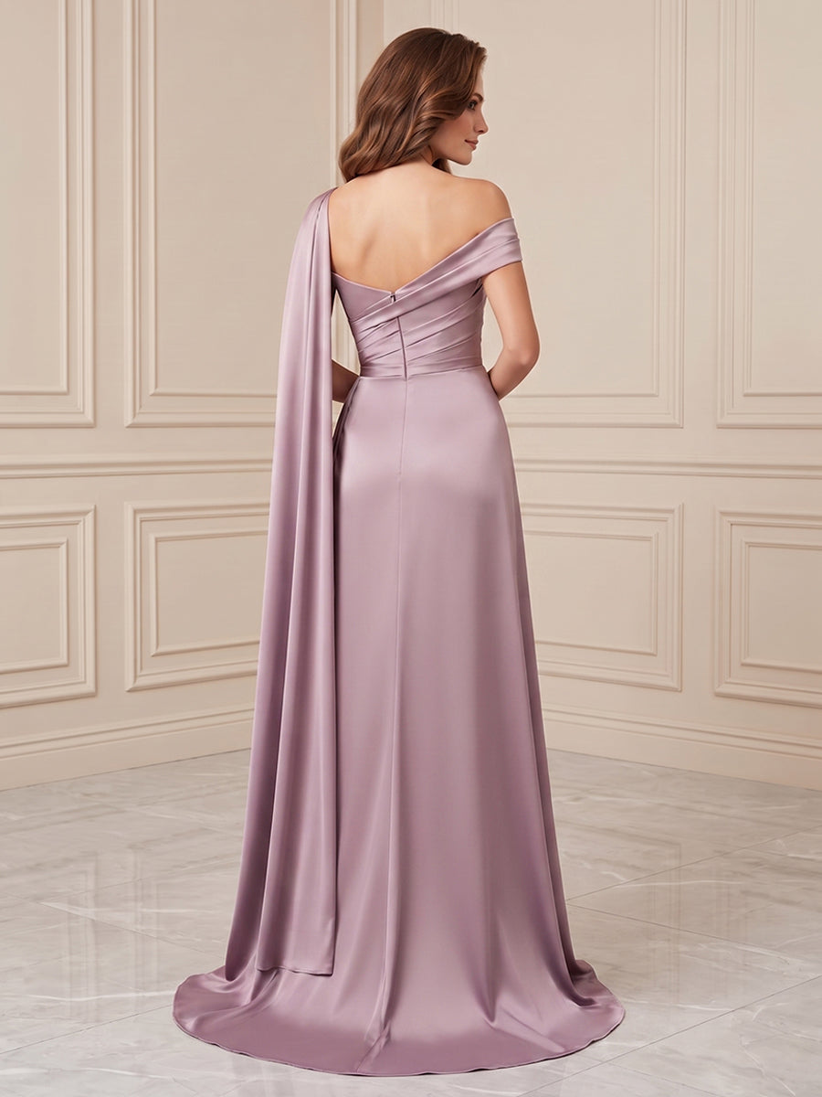Satin A Line One Shoulder Ruched Waist Formal Dresses