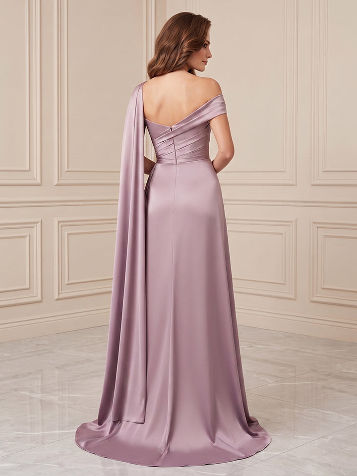 Satin A Line One Shoulder Ruched Waist Formal Dresses
