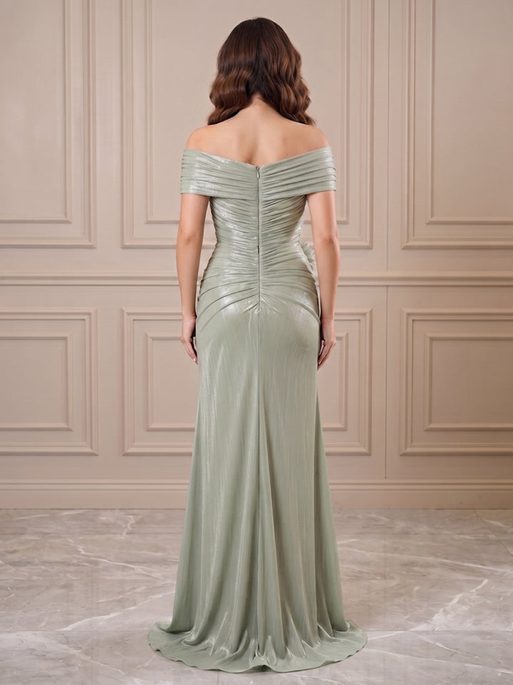 Satin A Line Off the Shoulder Ruched Bodice Side Slit Formal Dresses