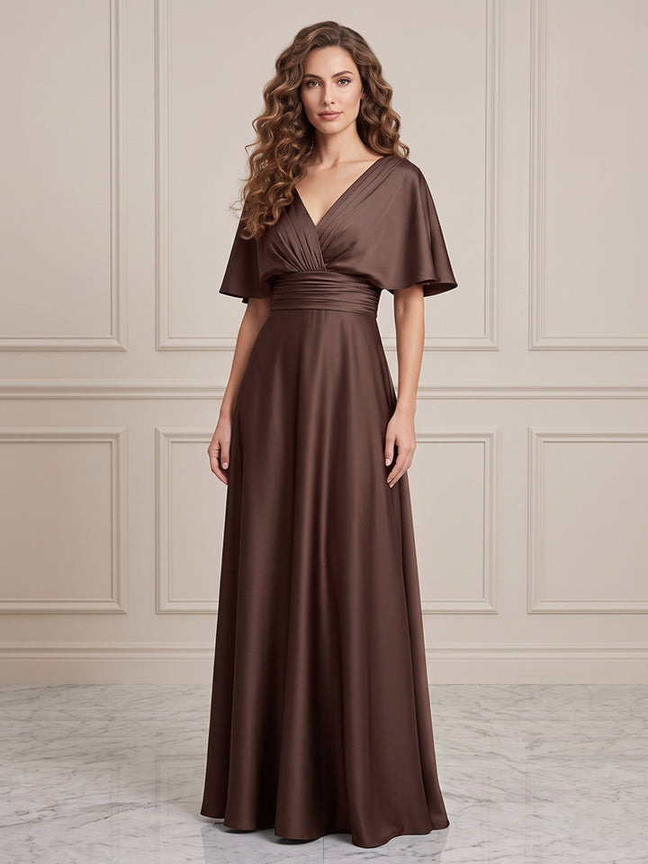 Satin A Line V Neck Ruched Waist Formal Dresses