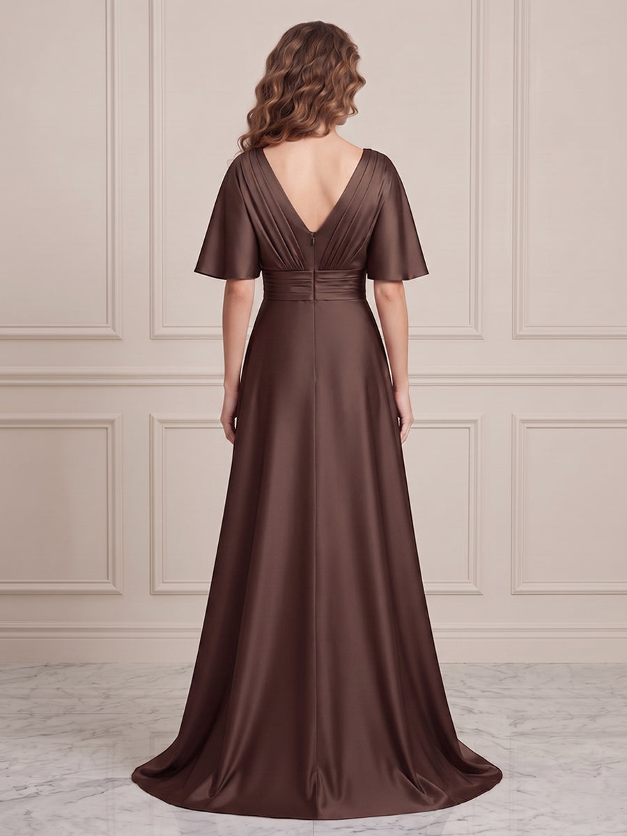 Satin A Line V Neck Ruched Waist Formal Dresses