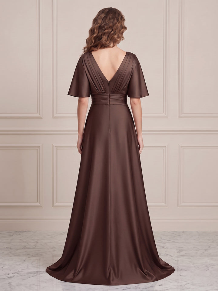 Satin A Line V Neck Ruched Waist Formal Dresses