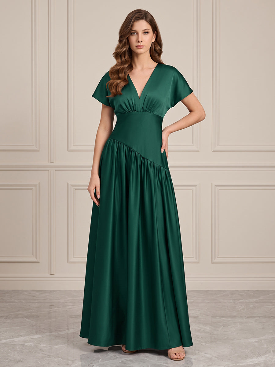 Satin A Line V Neck Pleats Formal Dresses