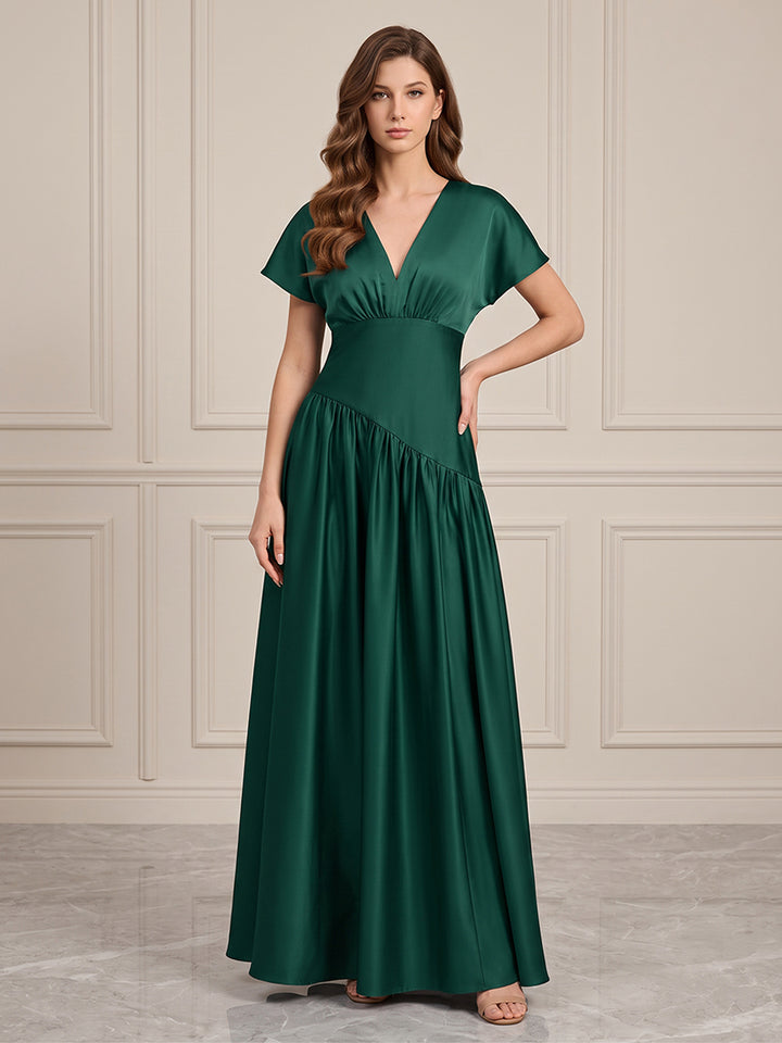 Satin A Line V Neck Pleats Formal Dresses