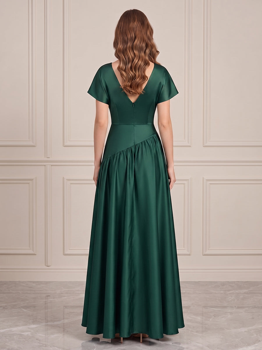 Satin A Line V Neck Pleats Formal Dresses