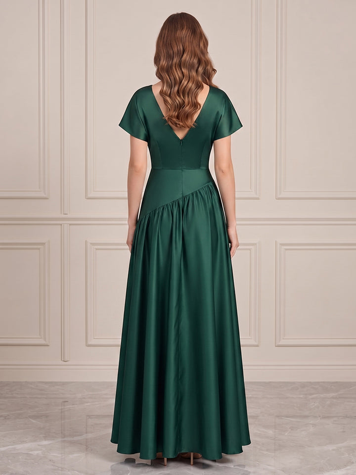 Satin A Line V Neck Pleats Formal Dresses