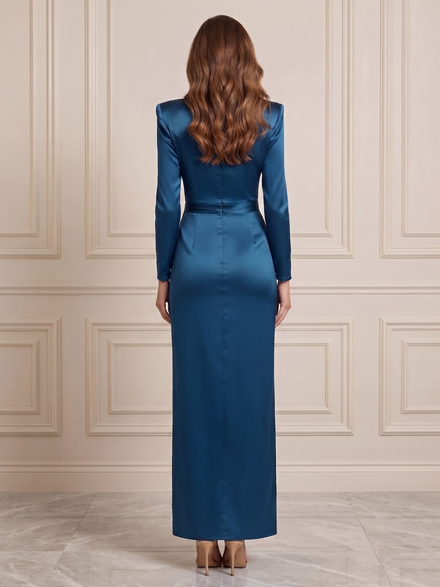 Satin A Line Round Neck Ruched Waist Side Slit Formal Dresses