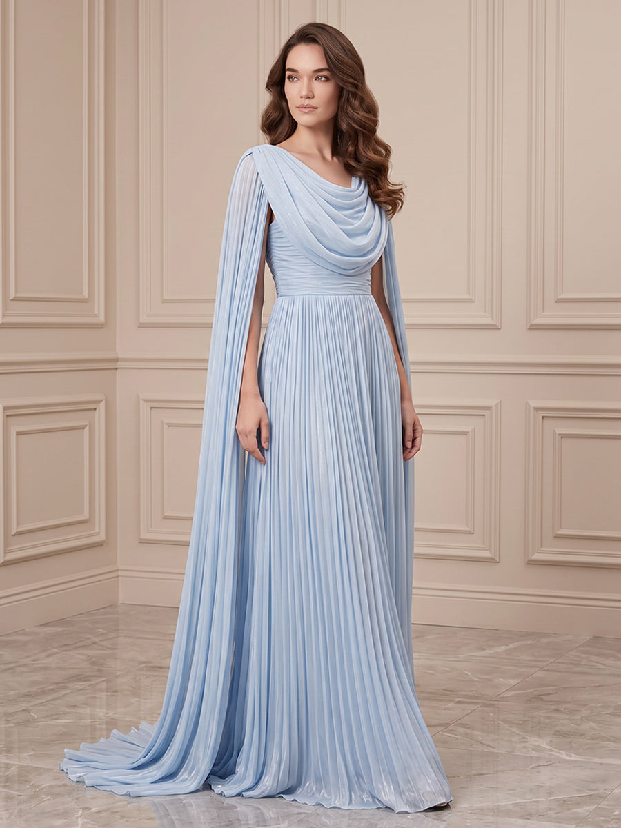 Chiffon A Line Cowl Neck Ruched Bodice Pleated Formal Dresses