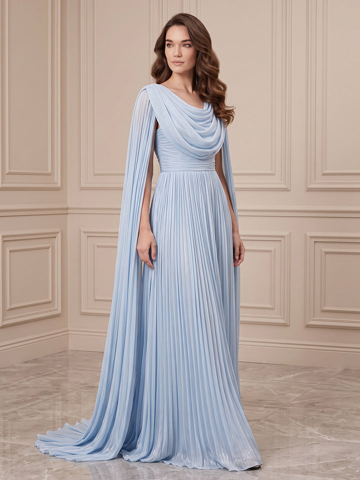 Chiffon A Line Cowl Neck Ruched Bodice Pleated Formal Dresses